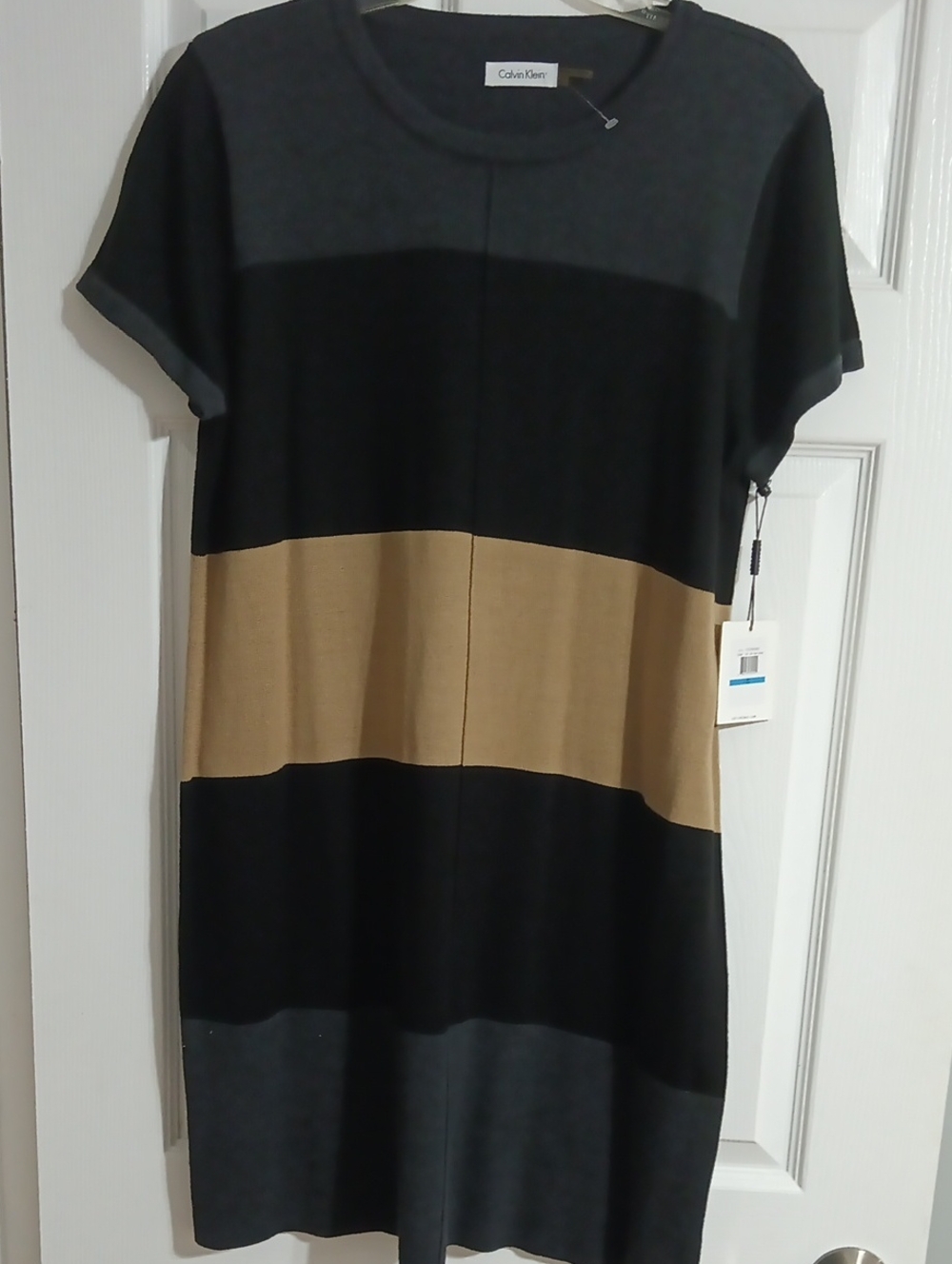 Calvin Klein Short Sleeve Colorblock Dress — Black, Gray & Tan